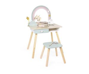 Janod, Licorne, Grande Coiffeuse en Bois FSC avec Tabouret, Dès 3 Ans | Grand Miroir, Tiroir et Trappe Secrète, Brosse, Baguette Magique, Magnets et Accessoires Photo, Jeu d'Imagination