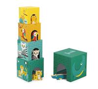 Janod - Ma Première Pyramide - Thème Animaux Tropicaux - Jouet d'Éveil - 5 Cubes à Empiler + 5 Animaux en Bois - Développe Dextérité et Imagination - Dès 12 Mois