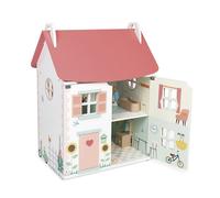 Janod Maison de poupées en bois corail 3 étages J06467 - 41×30×54 cm, 11 accessoires