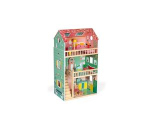 Janod, Maison de Poupées Happy Day en Bois Meublée, 3 Étages, Dès 3 Ans | Jeu d'Imitation et d'Imagination, 12 Meubles, Toit Ouvrant, Pour Imaginer Plein d'Histoires avec des Poupées Jusqu'à 30 cm