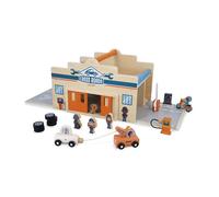 Janod - Mon Premier Garage Voitures en Bois Enfant 2 Ans et Plus - 2 Niveaux, Atelier Mécanique + Lavage Auto - 15 Accessoires Inclus - Dès 2 Ans