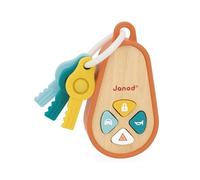 Janod - Porte-Clés Sonore Bébé en Bois et Silicone avec 4 Sons et 3 Clés - Jouet Hochet Clés de Voiture - Motricité Fine - Dès 18 Mois