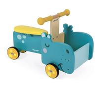 Janod - Porteur Enfant en Bois Hippo - Poignées Ergonomiques et Roues Silencieuses - Casier de Rangement - Apprentissage de l'équilibre - Dès 1 an, J08003, Bleu et Jaune