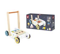Janod, Pure, Chariot de Marche, Dès 12 Mois | 18 Cubes en Bois Multicolores, Freins Intégrés, Pour Apprendre les Formes et les Couleurs, Motricité Globale