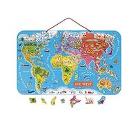 Janod - Puzzle Carte du Monde Magnétique en Bois - 92 Magnets - Version Allemande - Jeu Éducatif dès 7 ans
