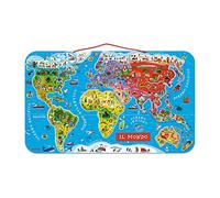 Janod - Puzzle Carte du Monde Magnétique en Bois - 92 Magnets - Version Italienne - Jeu Éducatif dès 7 Ans