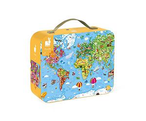 Janod, Puzzle Géant du Monde, 300 Pièces, Dès 7 Ans | Continents et Spécificités des Pays, Poster Inclus, Valisette, Carton FSC, Motricité Fine, Fabriqué en France