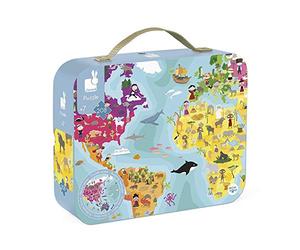 Janod, Puzzle Rond du Monde Recto-Verso, 208 Pièces, Dès 7 Ans | Disque Plat 50 x 50 cm, Poster Recto-Verso Inclus, Boîte avec Poignée, Géographie et Cultures du Monde