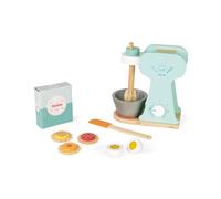 Janod - Set du Petit Pâtissier - Robot Batteur en Bois avec Bouton et Fouet Rotatif + 6 Accessoires - 1 Spatule, 3 Cookies, 1 Oeuf et 1 Boîte de Farine - Jouet d'Imitation - De 3 à 8 Ans, J06605