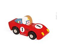 Janod, Story, Voiture de Course Speed en Bois, Dès 12 Mois | 1 Petite Voiture Bleue ou Rouge selon Modèle Aléatoire, Pilote Fixé et Roues Rivetées, Compatible avec la Gamme Story