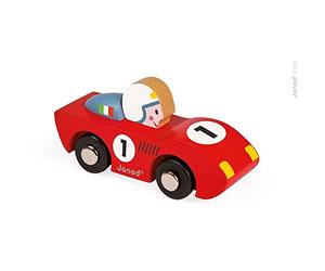 Janod, Story, Voiture de Course Speed en Bois, Dès 12 Mois | 1 Petite Voiture Bleue ou Rouge selon Modèle Aléatoire, Pilote Fixé et Roues Rivetées, Compatible avec la Gamme Story