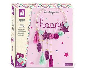 Janod, Suspension Lumineuse Happy à Créer, Kit DIY, Dès 8 Ans | Guirlande LED, Pompons, Feutrine Pailletée et Perles en Bois, Décoration Lumineuse 24 x 60 cm