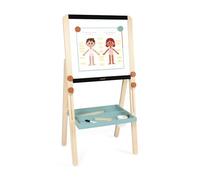 Janod - Tableau Double Face en Bois Ajustable en Hauteur - Ardoise Blanche Magnétique + Ardoise pour Craie - 18 Accessoires Inclus - Dès 3 Ans