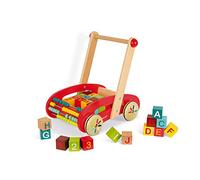 Janod - Tatoo ABC Poussette en Bois pour Enfant - 30 Blocs Inclus - A partir de 1 an - J05379 - Rouge