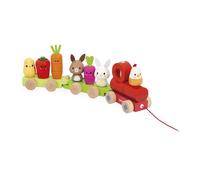 Janod - Train en Bois à Tirer - Thème Ferme - 3 Wagons et 19 Pièces - Jouet d'éveil à Tirer - Bois FSC et Peinture à l'eau - Développer la Motricité Fine - Dès 12 Mois, J03314