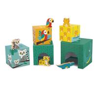 Janod Pyramide à empiler Ma Première – Animaux tropicaux – 5 cubes + 5 animaux bois – Dès 12 mois