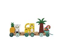 Janod, Tropik, Train Tropical à Tirer, Dès 12 Mois | Jouet à Tirer en Bois, 11 Pièces et 3 Wagons, Développpe la Motricité Fine et la Coordination Main-Œil, Peinture à l'Eau