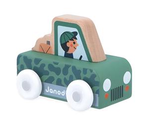 Janod - Voiture de safari en bois Mountain Valley - Cross Roads - Jouet d'apprentissage précoce - Développe la motricité - 12 mois, jouet en bois FSC, multicolore