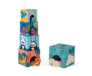 Janod, WWF, Pyramide et Figurines Animaux, Dès 12 Mois | Jouet d'Eveil Premier Âge, 5 Éléments en Carton Numérotés et 5 Figurines, Premiers Nombres, Jeu Éducatif