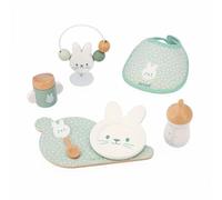 Janod, Zen, Set Repas pour Poupon en Bois FSC, Dès 2 Ans | 7 Accessoires : Plateau, Assiette, Cuillère, Biberon, Tasse, Hochet Ventouse et Bavoir, Compatible Jusqu'à 42 cm, Imagination