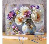Januave Fleur blanche violette Peinture par numéros pour Enfant et Adulte,Kit avec toile infroissable, pinceaux et peinture acrylique Framed Décoration de la maison 30x40cm