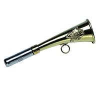 Januel - Corne de Chasse en Battue - Corne à Plate - Longueur 16cm - Anneaux de Transport Soudé - Décor Sanglier - Laiton Doré - Pipet Remplaçable