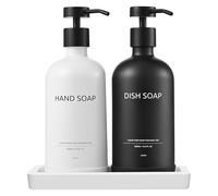 Janxin 2 pcs Bouteille Verre 500ml, Distributeur Savon Verre, Distributeur de Savon Noir et Blanc Set, Fournitures De Cuisine, Rechargeables, avec Plateau(Flacon Blanc et Noir + tête Noire)