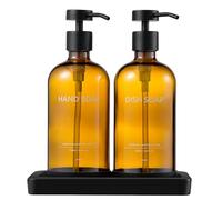 Janxin 2 Pièces Ambre Flacon Pompe Vide, Distributeur de Savon 500 ML Ambre, Flacon pour Cuisine et Salle de Bain, Convient pour Cuisine, Douche, avec bac en Céramique (Flacon Marron + tête Noire)