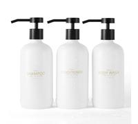 Janxin Distributeur de shampooing et d'après-shampoing, rechargeables, de 600 ml, avec étiquettes étanches, pour salle de bain, bouteilles blanches et pompes noires