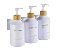 Janxin Lot de 3 Distributeur de Savon Mural, Distributeur de Savon Mural pour Douche, 500ml, Aucun Perçage Nécessaire, Mural, Blanc (Bouteille Blanche + tête en Bambou)