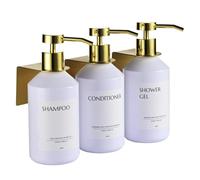 Janxin Lot de 3 Distributeur de Savon Mural, Distributeur de Savon Mural pour Douche, 500ml, Aucun Perçage Nécessaire, Mural, Blanc (Flacon Blanc + tête dorée)