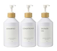 Janxin Lot de 3 Flacon Pompe Vide 500ml, Distributeur Savon Plastique, Distributeur Savon Salle de Bain, Distributeur Lessive Liquide, avec Étiquette (Bouteille Blanche + tête de Bambou)