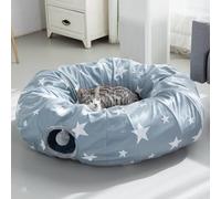 JanYoo Grand tunnel pour chat d'intérieur - Lit en forme de donut avec balle - Pliable - Interactif - Jouet pour chat d'intérieur - Gris