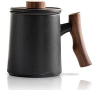 JanYoo Tasse à thé avec couvercle et passoire, 360 ml, poignée en palissandre, en céramique, en grès mat, pour trempage du thé, noir