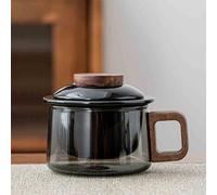 JanYoo Tasse à thé en verre avec couvercle en céramique et passoire, 200 ml, en bois de noyer (noir)