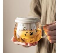 JanYoo Tasse à thé en verre avec couvercle et passoire, 250 ml, panda, avec passoire à thé en céramique et couvercle pour thé en vrac, thé en vrac, glaçage pulvérisé, cadeau pour les amateurs de thé