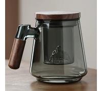 JanYoo Tasse à thé en verre avec couvercle et passoire - 500 ml - Grande poignée en bois - Verre borosilicate - Pour les amateurs de thé en vrac - Cadeau (bleu-gris)