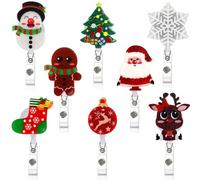 JANYUN Lot de 8 porte-badges de Noël rétractables avec pince crocodile pivotante, motif élan, bonhomme de neige, flocon de neige, arbre pour infirmière, clip décoratif en métal à paillettes