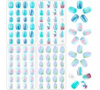 JANYUN Lot de 96 faux ongles à presser pour enfants - Couverture complète - Faux ongles courts - Joli cadeau pour enfants et petites filles - Décoration d'ongles (thème bleu)