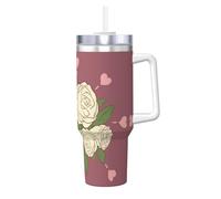 JaoXer Bouteille isotherme sous vide avec paille et poignée Motif rose d'amour Blanc 1180 ml