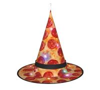 JaoXer Chapeau de sorcière 3D Pizza Pepperoni Halloween - Chapeau de fête décoratif pliable avec lumières LED pour fête, bal masqué, carnaval et Noël