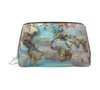 JaoXer Trousse de maquillage en cuir doré - Motif carte du monde de dessin animé - Avec fermeture éclair - Organiseur de toilette portable pour un usage quotidien, Argenté., Taille unique