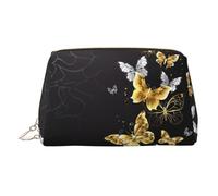 JaoXer Trousse de maquillage en cuir doré - Papillons blancs dorés et noirs - Trousse de maquillage de voyage avec fermeture éclair - Organiseur de toilette portable pour un usage quotidien, Or, One