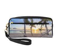 JaoXer Trousse de maquillage réutilisable - Organiseur de toilette de voyage, design complet, motif paradis de plage, palmiers, pochette en cuir pour femme, noir, taille unique