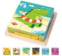 Japace Puzzles en Bois Enfant, 6 en 1 Jouet Bébé Amélioré Puzzles Cube Animaux, Jouet Montessori pour 1 2 3 4 Ans, Jeux Éducatif Préscolaire pour Garçon Filles Cadeau Noël d'anniversaire