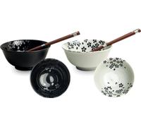 Japan-Bowls AsiATICA Kawaii Cat Black & White Lot de 2 bols en porcelaine Ø 15 cm, hauteur 7 cm, avec baguettes et boîte cadeau, fabriqué au Japon, ramen, riz, miso, donburi (fleur de cerisier