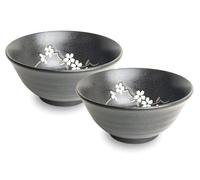 Japan-Bowls AsiATICA - Lot de 2 bols à ramen en porcelaine de 15 cm - Bol asiatique de qualité supérieure pour riz, pâtes, tapas, udon, céréales - Avec motifs japonais - Anémone noir mat