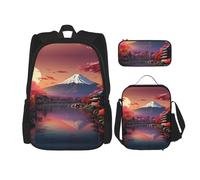 Japan Mount Fuji Landscape Lot de 3 sacs à dos d'école 40,6 cm avec boîte à déjeuner Grand sac à dos pour primaire préscolaire, Noir , Taille unique, Ensemble cartable