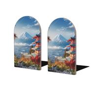 Japan Mount Fuji Lot de serre-livres en bois avec base en métal Motif paysage moderne pour livres, disques vinyles et bureaux (1 paire)
