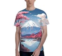 Japan Mount Fuji Paysage Imprimé Mode T-shirt à manches courtes col rond doux et confortable Tee-shirt décontracté Gym Bureau, Noir , 3XL